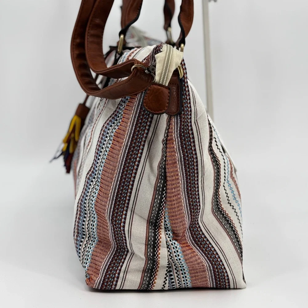Jen & Co River Weekender Womens Large Striped Canvas Vegan Leather Tassel Boho